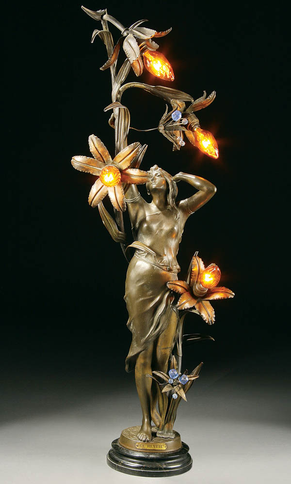 An Art Nouveau Bronze Figural Newell Post Lamp. Art nouveau lighting